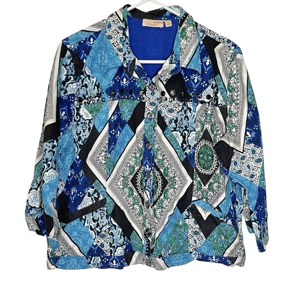 Choices Jackets & Blazers - Choices‎ L Blue Patchwork Button Front Jacket Sequin Embellished Boho Eclectic